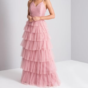 Ruffled Flare Tulle Prom Gown Tulle Bridal Gowns And Separates Bridal Tiered Gown Blush Tulle Formal Maxi Gown Tutu Tulle Party Dress