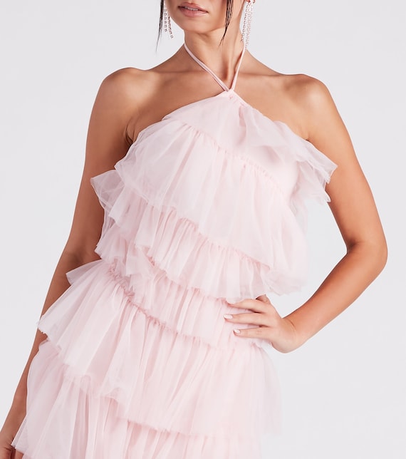 pink tulle halter dress Into The Middle Tulle Halter Maxi Dress Pink