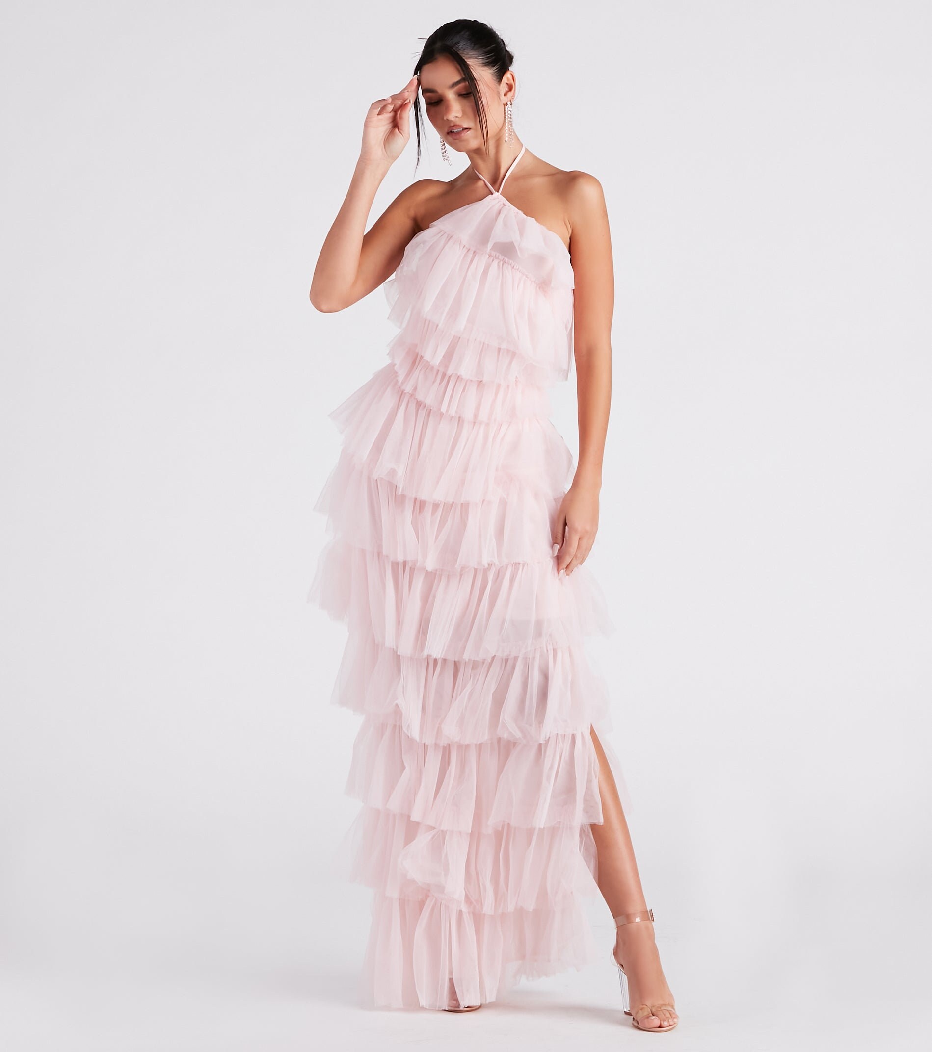 pink tulle halter dress Into The Middle Tulle Halter Maxi Dress Pink