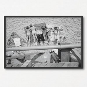 Women Relaxing and Sunbathing at the Beach, Vintage Black and White Photo Printable,  Summer Gift, Holidays Gift, Summer Photograph