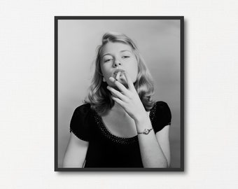 Blonde Woman Model with Cigarette, Black and White, Fashion Wall Art Photo Printable, Portrait Photography Print, Smoke Cigarette Poster