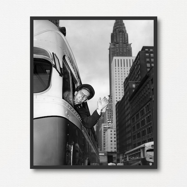 Bus Driver in New York, Vintage Old Black and White Photo Print, New York Travel Wall Art Print, Vintage Photo Printable, BW Photography