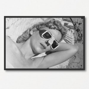 Vintage Style Woman Sunbathing Wall Art, Classic Black and White Photography Print, Summer Gift, Retro Home Decor, Fashion Beach Wall Art