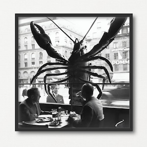 Vintage Cafe Szene Poster, Vintage Schwarz Weiß Foto, Surreal Hummer Wand Kunst, Einzigartiges Wohnkultur, schrulliges Kunstwerk, Retro Style Poster