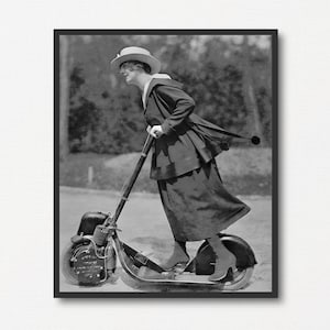 Woman Riding Scooter Vintage Photograph, Old Black and White Photo Print, Motorcycle Lover Gift, Motor Sport Lover Gift, Motorcycle Wall Art