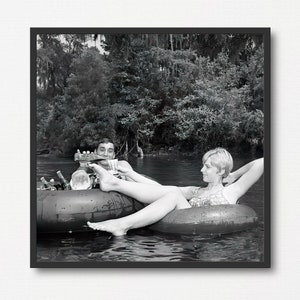 Man and Woman Relaxing Tubing and Drinking, Vintage Black and White Photo Print, Summer Gift, Lake House Decor, Old Summer Photograph