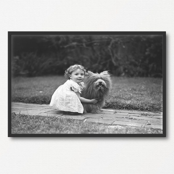 Little Girl and Dog Vintage Photo Print, Black and White Photograph, Dog Lover Gift, Pet Day Gift, Antique Animal Art, Friendship Wall Art