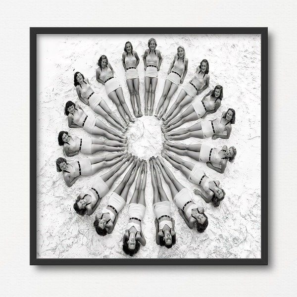 Women Forming a Circle  Posing at the Beach, Vintage Black and White Photo Print, Summer Gift, Beach Lover Gift, Old Summer Photograph