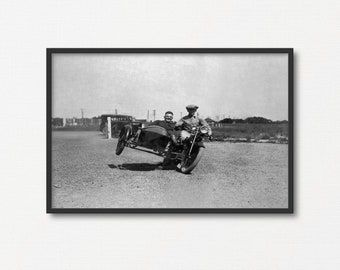 Vintage Sidecar Ride Photo, Old Black and White Photo Print, Motorcycle Lover Gift, Father Day Gift, Historical Photograph