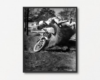 Vintage 70&#39;s Dirt Bike Racing Photograph, Old Black and White Photo Print, Motorcycle Lover Gift, Motor Sport Lover Gift, Motocross Wall Art