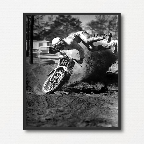 Vintage 70's Dirt Bike Racing Photograph, Old Black and White Photo Print, Motorcycle Lover Gift, Motor Sport Lover Gift, Motocross Wall Art