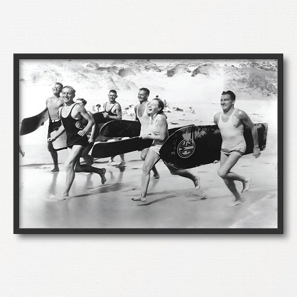 Vintage Surfing Photo Print, Old Black and White Photograph Print, Beach Lover Gift, Holidays Gift, Antique Summer Photograph