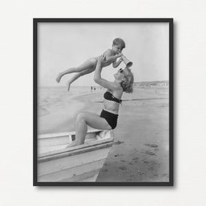 Woman  and Kid Playing at the Beach, Vintage Black and White Photograph Print, Beach Lover Gift, Summer Gift, Old Summer Photograph