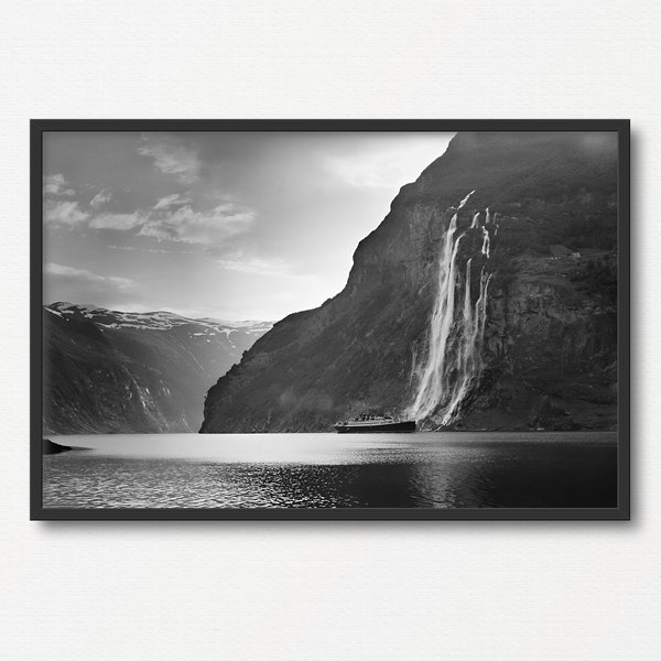 Ship Navigating Norway Fjord, Vintage Black and White Photograph, Old Landscape Photo, Nautical Coastal Wall Home Decor, Nature Photograph