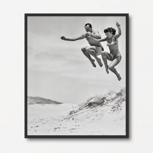 Woman and Man Jumping at the Beach, Vintage Black and White Photograph Print, Beach Lover Gift, Holidays Gift, Old Summer Photograph