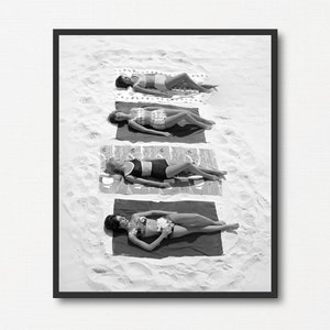 Women Sunbathing at the Beach, Vintage Black and White Photograph Print, Beach Lover Gift, Holidays Gift, Old Summer Photograph