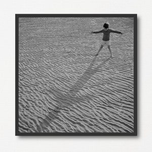 Boy in the Beach Playing with Shadow, Vintage Black and White Photo Print, Summer Gift, Playroom Decor , Old Beach Photograph, Fun Wall Art