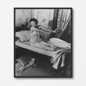 Woman and Cat Yawning and Stretching, Vintage Black and White Photography, Animal Lover Gift, Cat Owner Gift, Cat Art Decor, Cat Lover Gift