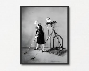 Golfista e instructor robot de golf, arte mural de golf, decoración de golf, divertida impresión fotográfica vintage en blanco y negro, impresión deportiva vintage