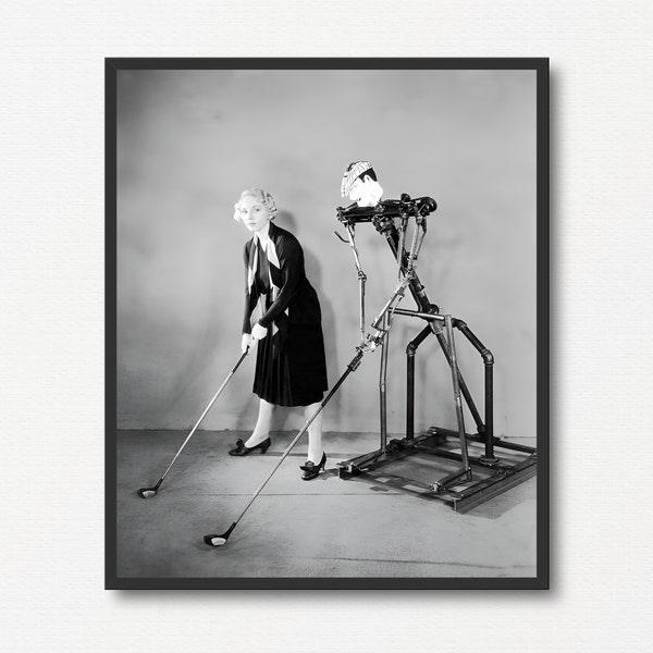 Woman Golfer and Robot Golf Instructor, Golf Wall Art, Golf Decor, Fun Vintage Black and White Photography Print, Vintage Sport Print