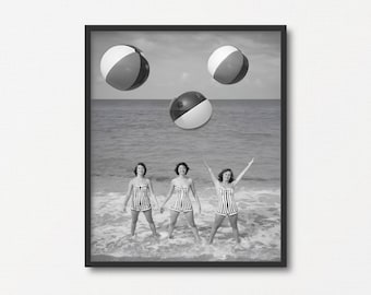 Arte de parede com foto de praia, impressão de fotografia vintage em preto e branco, presente para amantes da praia, presente de verão, pôster retrô de nadador, impressão nostálgica à beira-mar