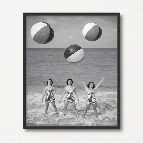 Beach Photo Wall Art, Vintage Black and White Photograph Print, Beach Lover Gift, Summer Gift, Retro Swimmer Poster, Nostalgic Seaside Print