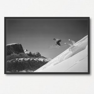 Foto de esquí vintage, impresión fotográfica antigua en blanco y negro, regalo para amantes de los deportes de invierno, regalo de Año Nuevo, arte mural de esquí, póster de esquí, decoración de invierno de esquí
