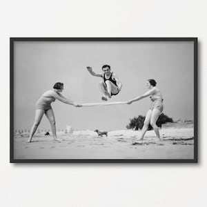 Man and Women Playing at the Beach, Vintage Black and White Photo Print, Summer Gift, Beach Lover Gift, Old Summer Photograph