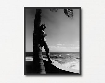 Arte mural con foto de playa, impresión fotográfica vintage en blanco y negro, regalo para amantes de la playa, regalo de verano, póster para chica playera, impresión retro costera