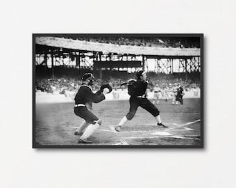 Fotografi av vintagebasebollmatch, svartvitt fototryck, present till fans, sportväggkonst, utskrivbar basebollaffisch, Americana-dekor