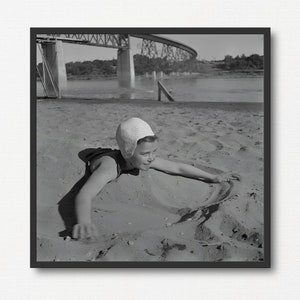 Girl Playing on Beach, Vintage Black and White Photograph Print, Summer Gift, Beach Lover Gift, Retro Wall Decor, Nostalgic Beach Art