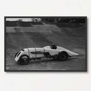 photo de voiture record de vitesse vintage, vieille impression photo noir et blanc, cadeau pour amateur de voiture de course, cadeau pour amateur de sport automobile, art mural automobile