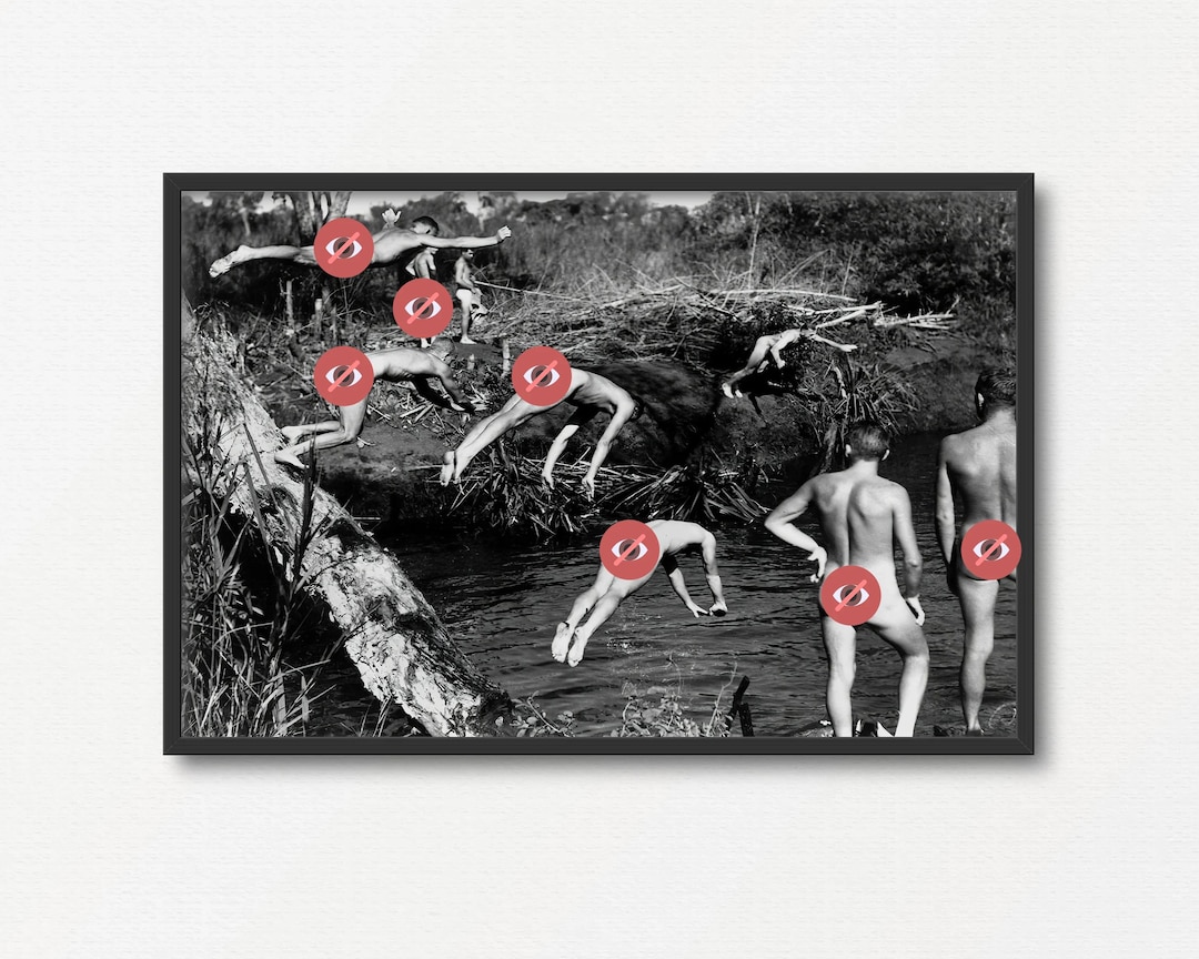 Naked Men Diving Into the River, Vintage Black and White Photo, Retro