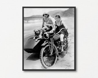 Dog, Flappers and Motorcycle Vintage Photograph, Old Black and White Photo Print, Motorcycle Lover Gift, Motorcycle Wall Art