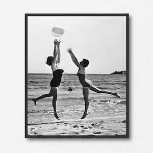 Two Women Playing with Ball at the Beach, Vintage Black and White Photograph Print, Beach Lover Gift, Summer Gift, Old Summer Photograph