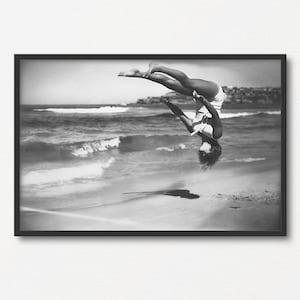 Woman Acrobatic Jump at the Beach, Vintage Black and White Photograph Print, Beach Lover Gift, Holidays Gift, Old Summer Photograph