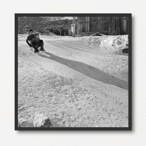 Children Playing with Sled, Vintage Black and White Photo Print, Christmas Gift, Winter Lover Gift, Old Snow Photograph, Snow Wall Art