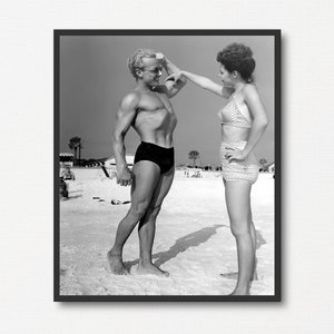 Man Showing Muscles to a Woman at the Beach, Vintage Black and White Photograph Print, Beach Lover Gift, Summer Gift, Old Summer Photograph