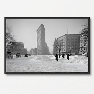 Escena invernal del edificio Flatiron de Nueva York, fotografía en blanco y negro, impresión de decoración urbana para el hogar, regalo de arquitectura, póster de viaje antiguo