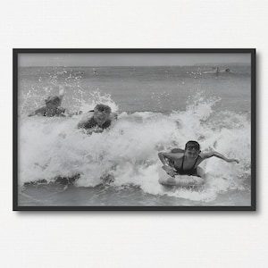 Boys Having Fun and Surfing the Waves at the Beach, Vintage Black and White Photo Printable,  Summer Gift, Holidays Gift, Summer Photograph
