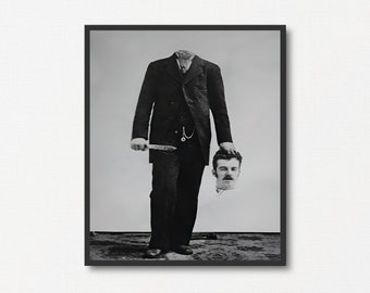 Fotografía de truco de hombre decapitado, impresión fotográfica vintage en blanco y negro, decoración de Dark Academia, arte mural espeluznante, decoración vintage de Halloween para el hogar