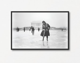 Woman Skating  and Playing Ice Hockey Photograph, Vintage Black and White Photo Print, Hockey Gift, Sports Wall Art, Printable Hockey Poster
