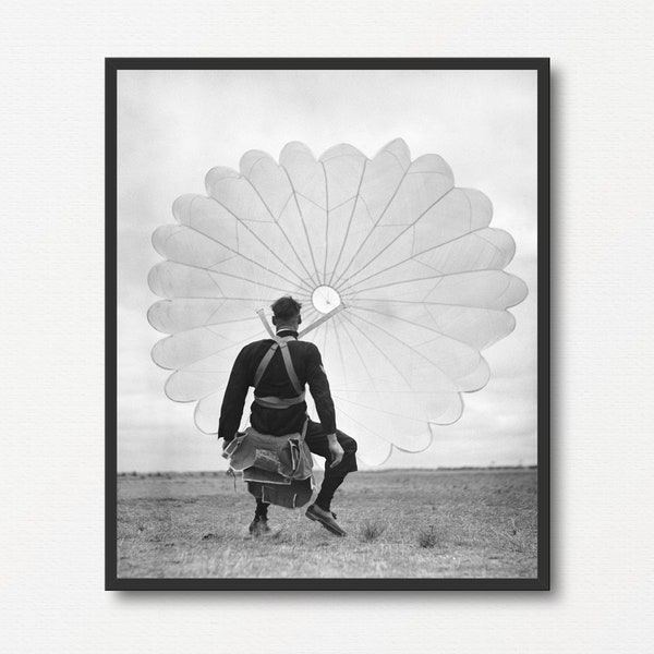 Vintage Military Parachuter Photograph, Old Black and White Photo Print, Veteran Air Force Airplane Lover Gift, Historical Photograph