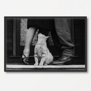 Cat and Couple Goodbye, Old Vintage Black and White Photo, Cat Lover Gift, Valentine Day Gift, Antique Friendship Art, Historical Photograph