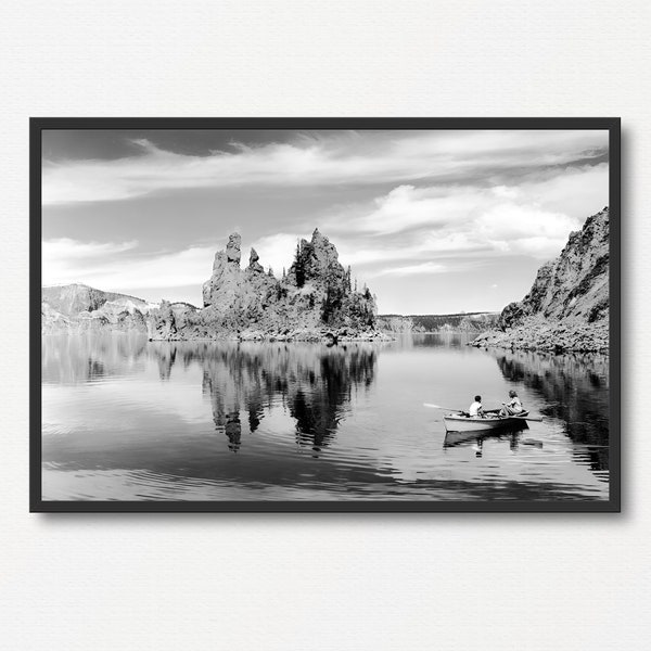 Lake House Decor Wall Art, Boat Navigating in Lake Photo, Vintage Black and White Photograph, Antique Landscape Photo, Nature Photography