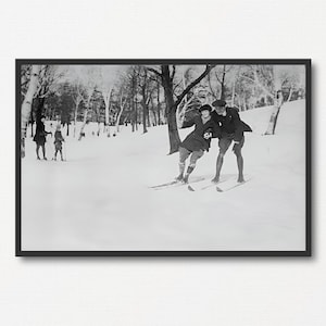 Learning to Ski Vintage Photo, Old Black and White Photo Print, Winter Sports Lover Gift, Ski Wall Art, Ski Poster, Skiing Winter Decor