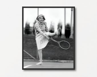 Woman Playing Funny Tennis, Fun Photograph, Vintage Black and White Photo Print, Tennis Print Gift, Sports Wall Art, Printable Tennis Poster