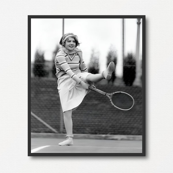 Woman Playing Funny Tennis, Fun Photograph, Vintage Black and White Photo Print, Tennis Print Gift, Sports Wall Art, Printable Tennis Poster