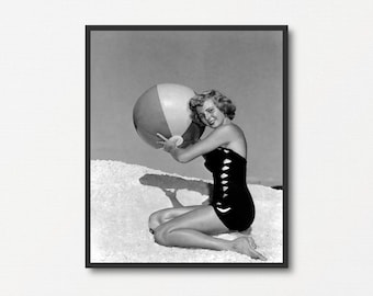 Beautiful Model Woman Posing with Beach Ball, Vintage Black and White Photo Printable, Retro Holidays Gift, Antique Summer Photograph