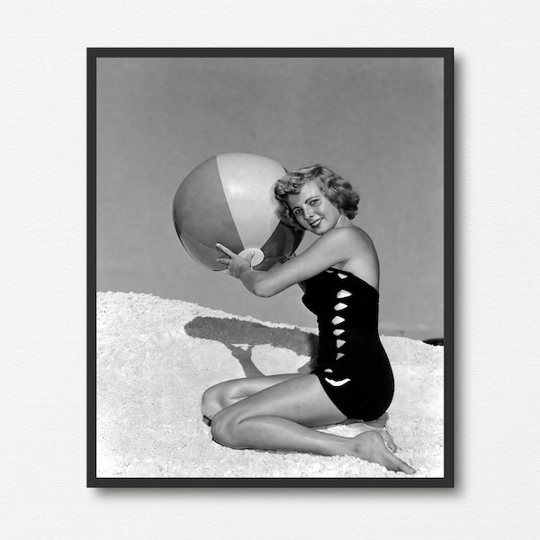 Beautiful Model Woman Posing with Beach Ball, Vintage Black and White Photo Printable, Retro Holidays Gift, Antique Summer Photograph